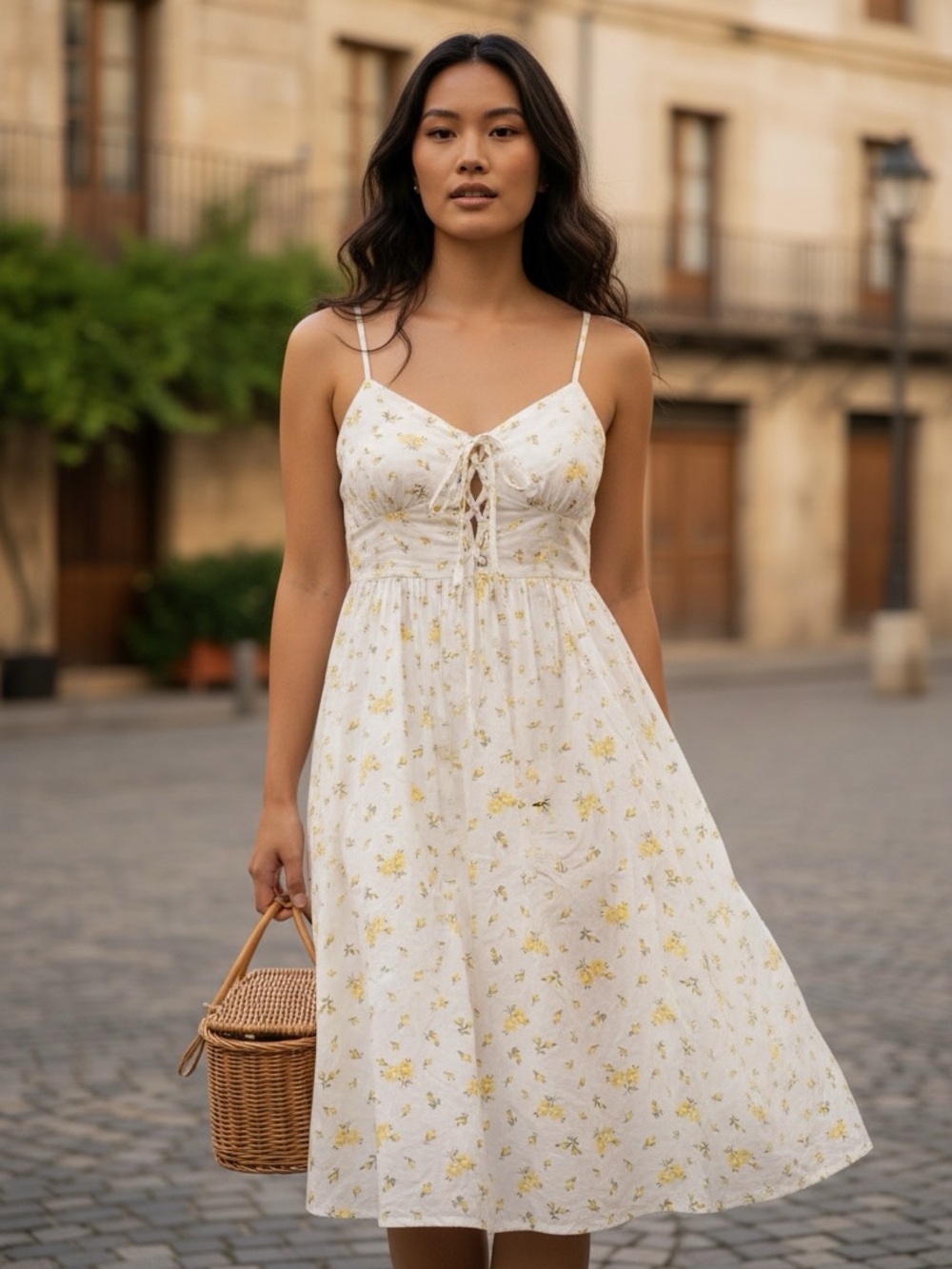 Divided White Midi Dress with Yellow Floral Lace-Up Bodice